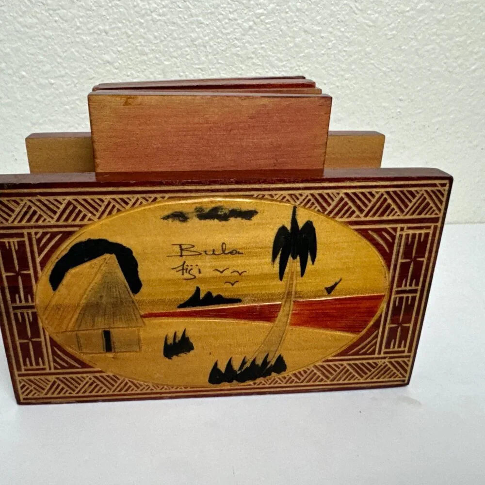 Vintage Bula Fiji Wood Carving Tropical Scene Set of 4 Carved Wooden Coaster